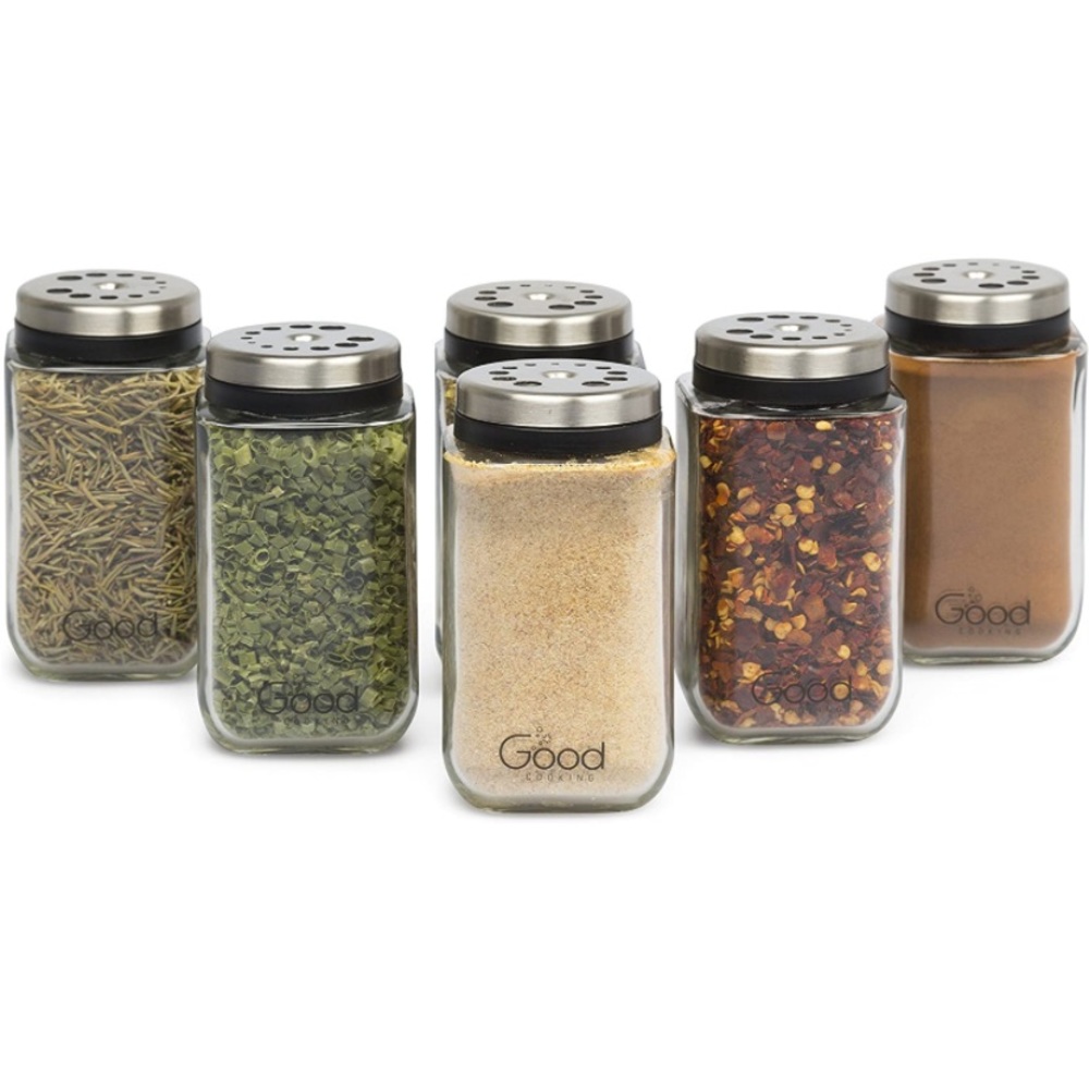 🆕 Adjustable Glass Spice Jars- Set of 6 Seasoning Shaker Rub Container Tins.